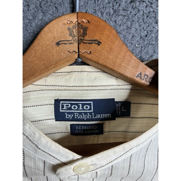 Vintage Polo Ralph Lauren Bernard Men's Large Ivory Striped Banded Collar Shirt - Picture 5 of 13
